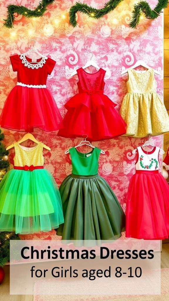 A variety of Christmas dresses for girls aged 8-10 in festive colors and designs, displayed with holiday decorations.